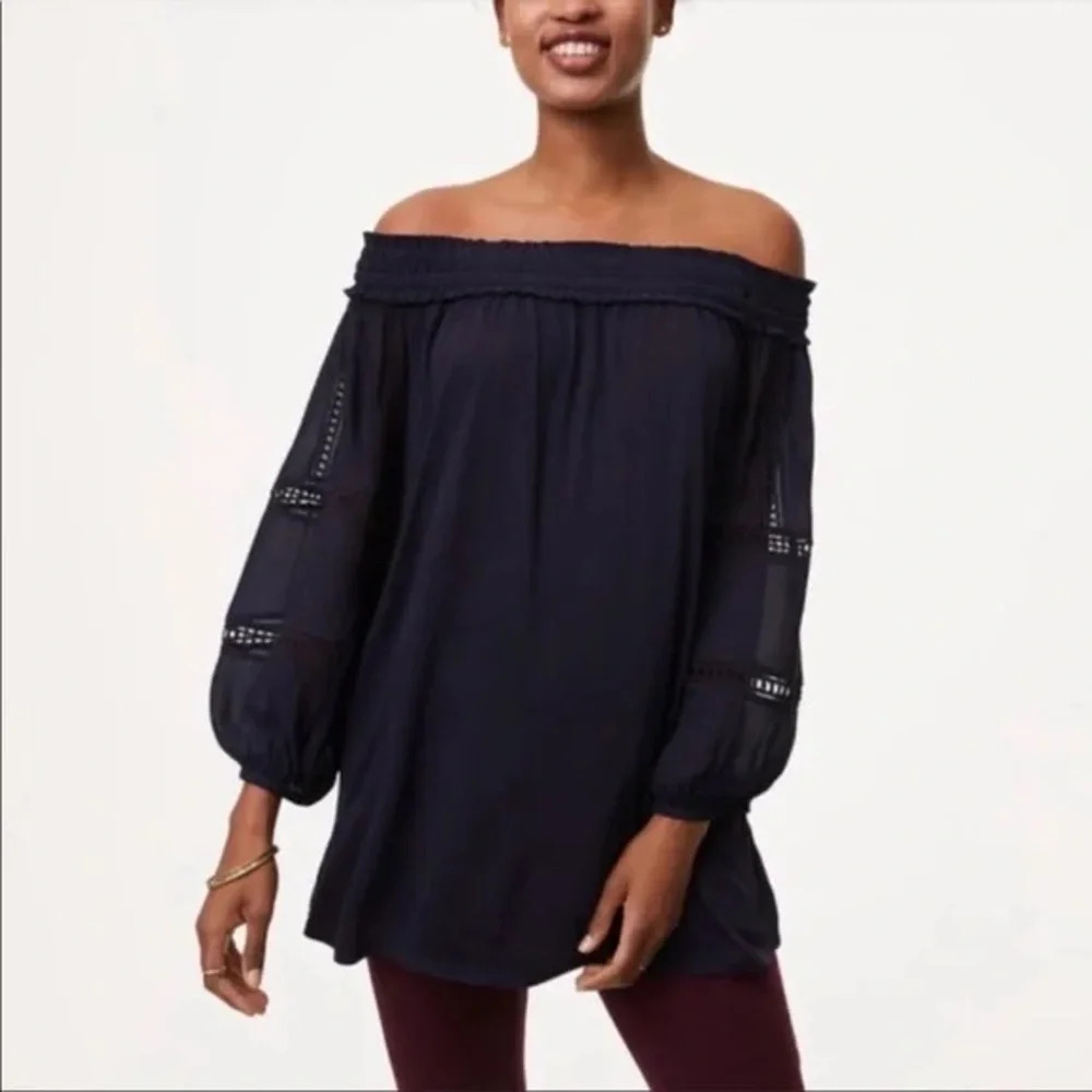 Loft Womens Lg Navy Blue Off The Shoulder Chiffon Blouse Windowpane Puff Sleeve